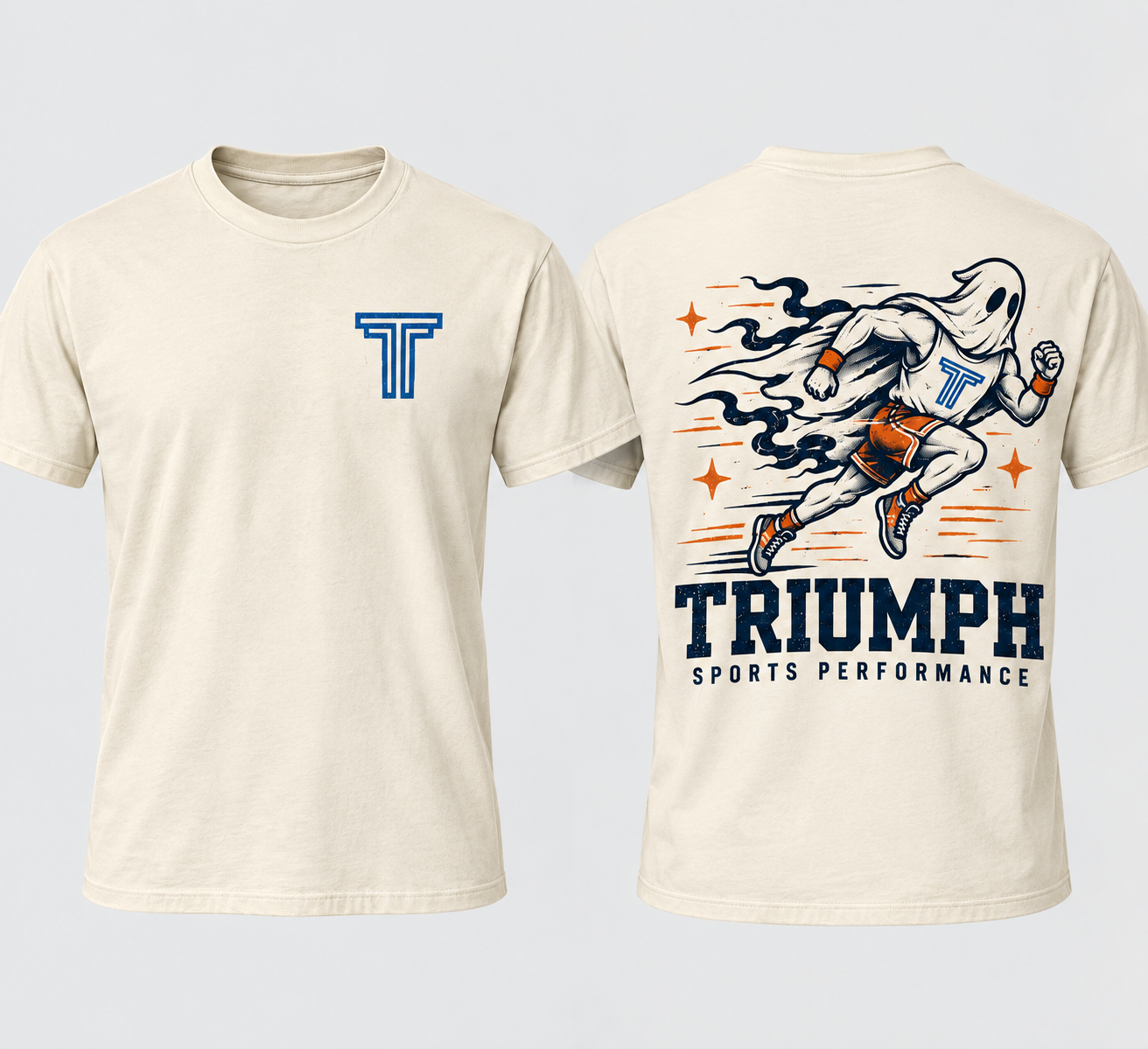 Front and back of the cream Triumph Ghost Runner shirt